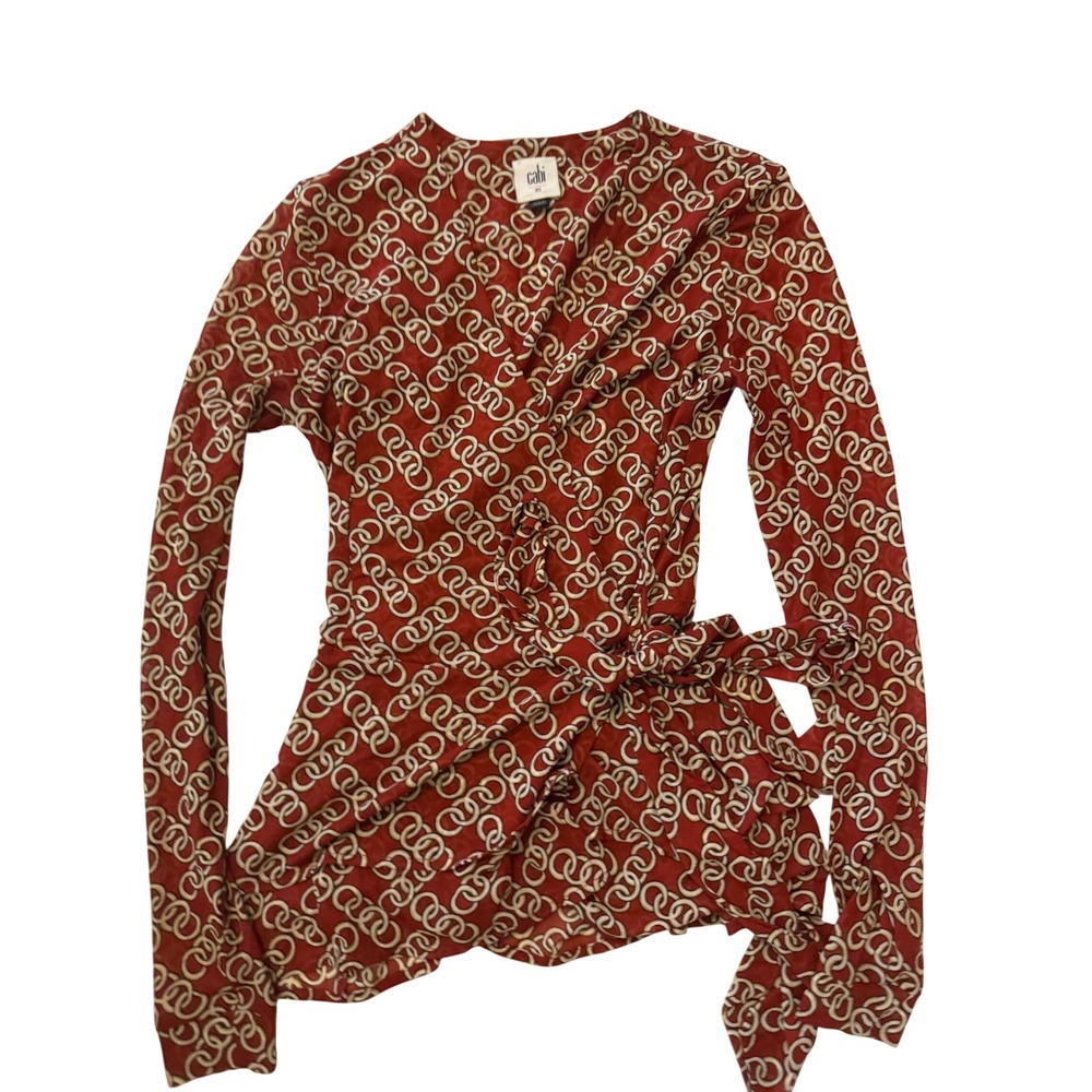 Cabi Rust Red Chain Link Print Wrap‎ Blouse Long Sleeve V-Neck XS